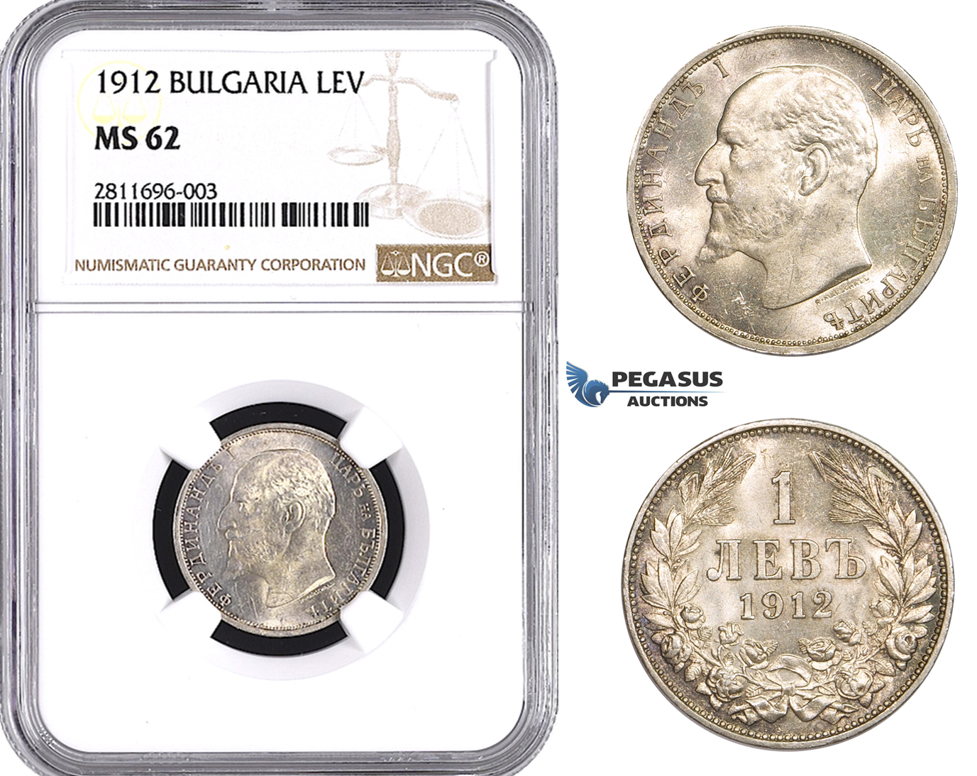 ZM923, Bulgaria, Ferdinand, 1 Lev 1912, Silver, NGC MS62, Pop 2/0