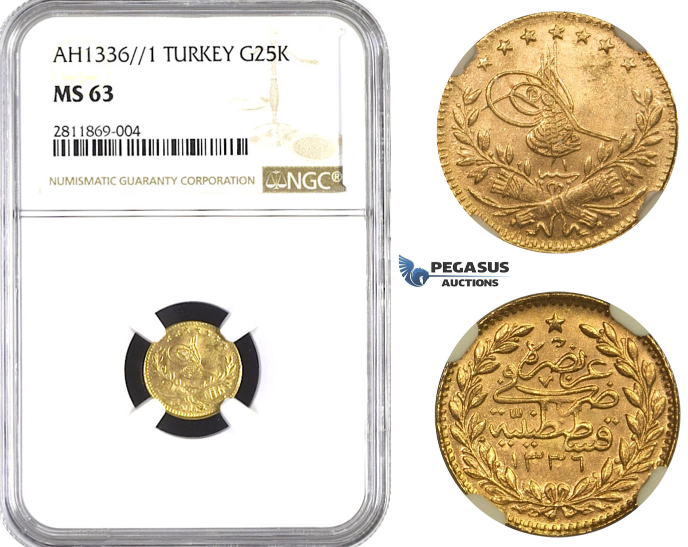 ZM949, Ottoman Empire, Turkey, Mehmed Vahdeddin VI, 25 Kurush AH1336/1, Qustantiniya, Gold, NGC MS63