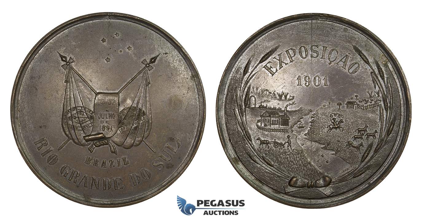 ZM952, Brazil, Bronze Medal 1901 (Ø70, 141.2g) Rio Grande do Sul Agriculture Exhibition, Cowboy, Rare!