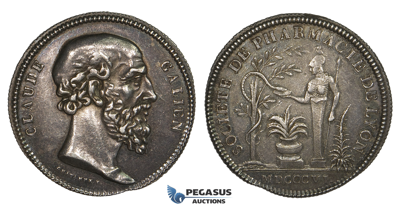 ZM958, France, Silver Medal 1806 (Ø31mm, 11.1g) by Chavanne, Lyon Pharmacy Society, Claudius Galen, Medicine, Owl