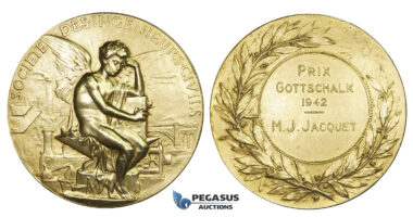 ZM963, France, Gilt Bronze Medal 1942 (Ø58mm, 80.9g) Civil Engineers Society, Zeppelin, Train Bridge, Railroad
