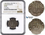 ZM993, Early American, Massachusetts, Small Pine Tree Shilling 1652, Silver, Noe-29, (72.4gr) NGC XF40
