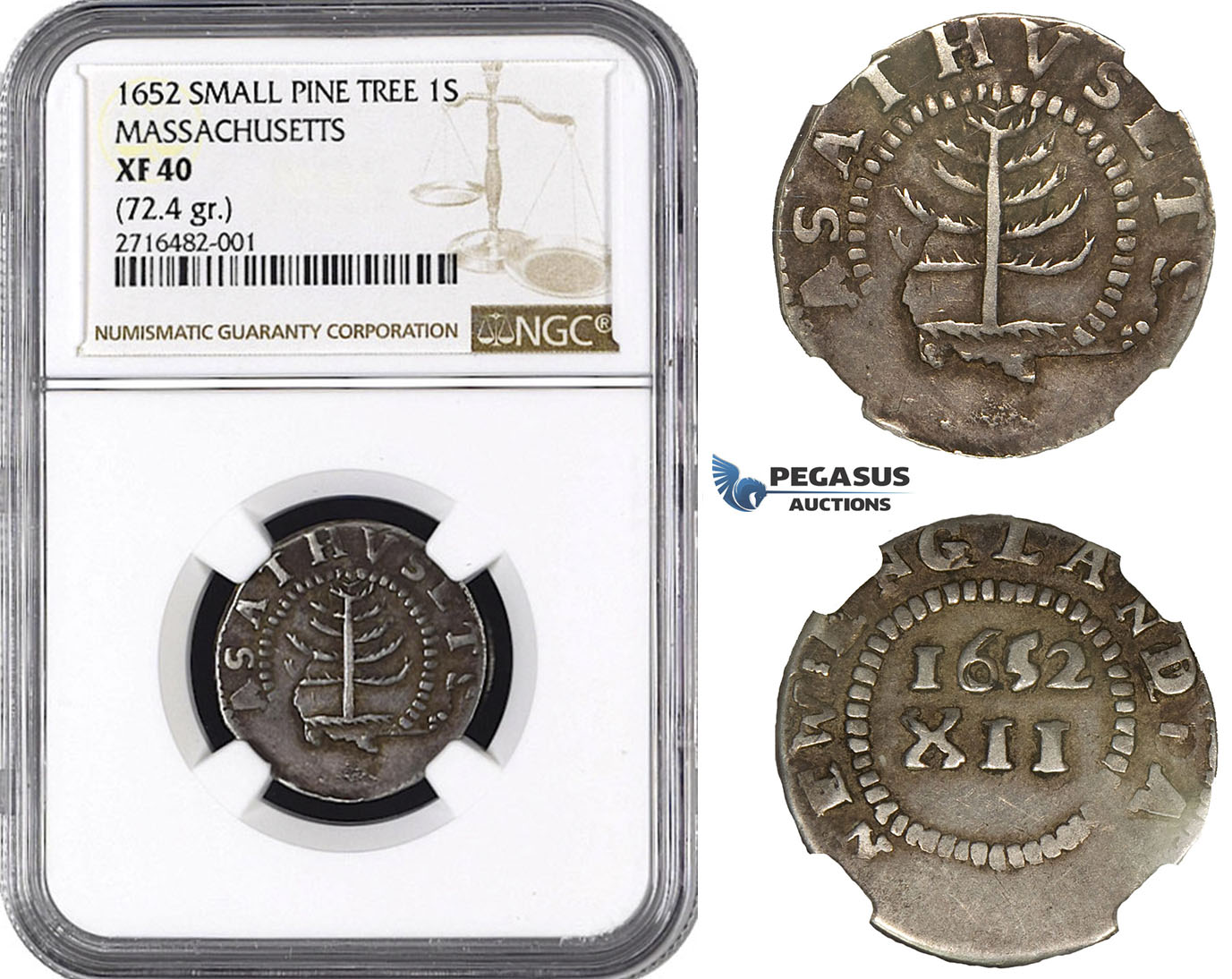 ZM993, Early American, Massachusetts, Small Pine Tree Shilling 1652, Silver, Noe-29, (72.4gr) NGC XF40
