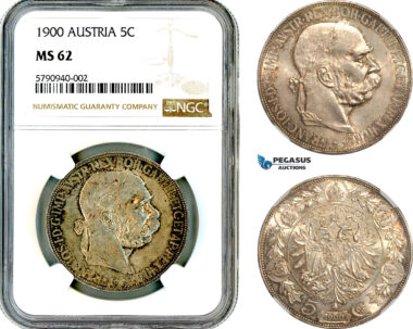 AL633, Austria, Franz Joseph, 5 Corona 1900, Vienna Mint, Silver, NGC MS62