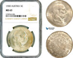 AL634, Austria, Franz Joseph, 5 Corona 1900, Vienna Mint, Silver, NGC MS63