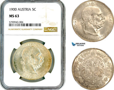 AL634, Austria, Franz Joseph, 5 Corona 1900, Vienna Mint, Silver, NGC MS63