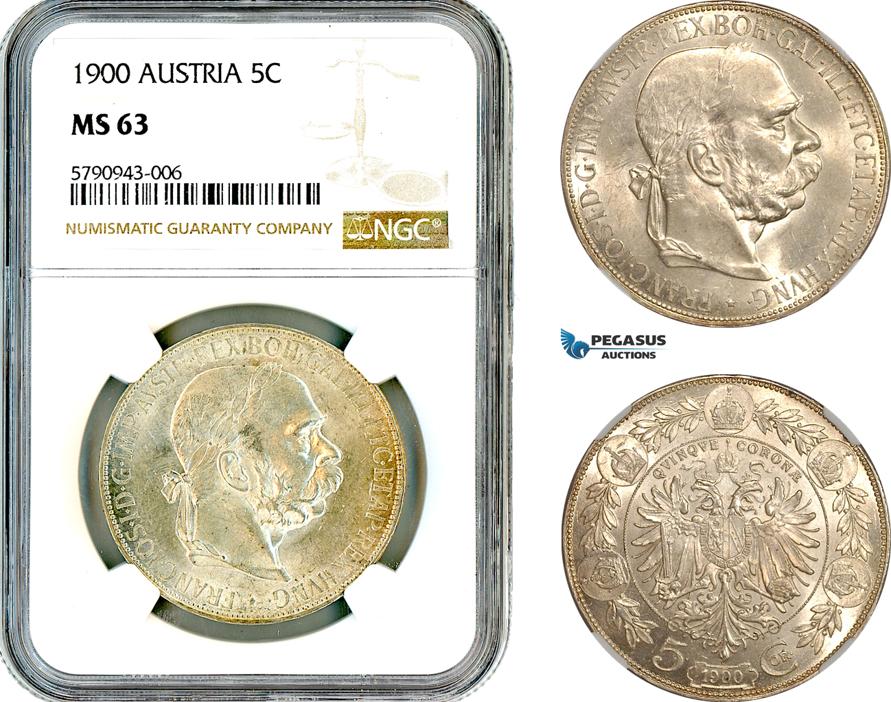 AL634, Austria, Franz Joseph, 5 Corona 1900, Vienna Mint, Silver, NGC MS63
