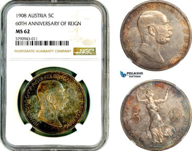 AL635, Austria, Franz Joseph, 5 Corona 1908, Vienna Mint, Silver, "60TH ANNIVERSARY OF REIGN", NGC MS62