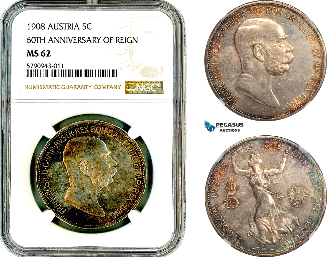 AL635, Austria, Franz Joseph, 5 Corona 1908, Vienna Mint, Silver, "60TH ANNIVERSARY OF REIGN", NGC MS62