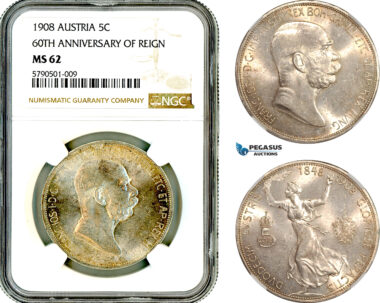 AL636, Austria, Franz Joseph, 5 Corona 1908, Vienna Mint, Silver, "60TH ANNIVERSARY OF REIGN", NGC MS62