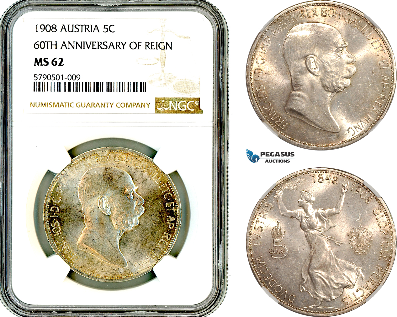 AL636, Austria, Franz Joseph, 5 Corona 1908, Vienna Mint, Silver, "60TH ANNIVERSARY OF REIGN", NGC MS62