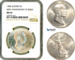 AL637, Austria, Franz Joseph, 5 Corona 1908, Vienna Mint, Silver, "60TH ANNIVERSARY OF REIGN", NGC MS62