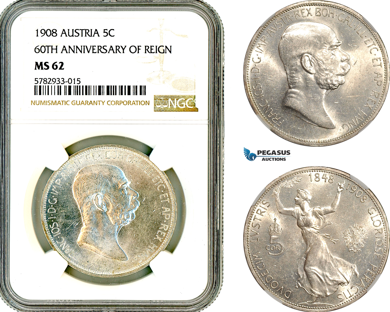 AL637, Austria, Franz Joseph, 5 Corona 1908, Vienna Mint, Silver, "60TH ANNIVERSARY OF REIGN", NGC MS62