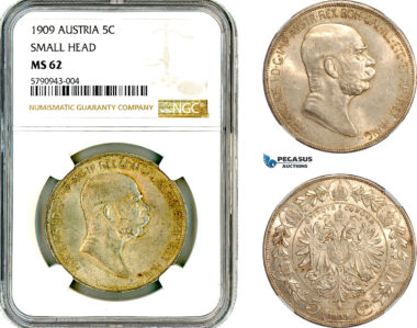 AL638, Austria, Franz Joseph, 5 Corona 1909, Vienna Mint, Silver, "Small Head", NGC MS62