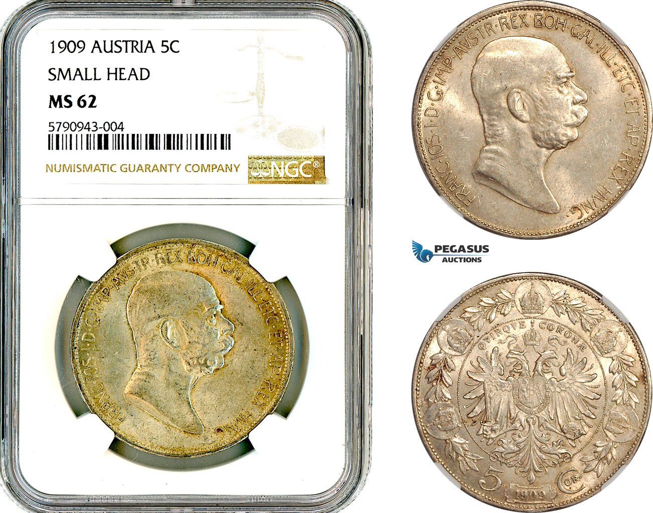 AL638, Austria, Franz Joseph, 5 Corona 1909, Vienna Mint, Silver, "Small Head", NGC MS62
