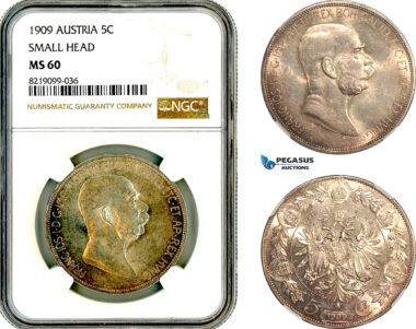 AL639, Austria, Franz Joseph, 5 Corona 1909, Vienna Mint, Silver, "Small Head", NGC MS60