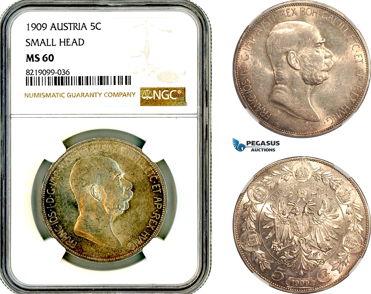 AL639, Austria, Franz Joseph, 5 Corona 1909, Vienna Mint, Silver, "Small Head", NGC MS60