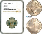 AL643, Cyprus, George VI, 1 Piastre 1938, London Mint, NGC MS65
