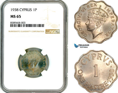 AL643, Cyprus, George VI, 1 Piastre 1938, London Mint, NGC MS65