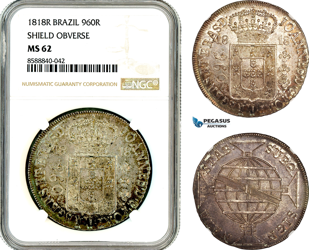 AL644, Brazil, Joao VI, 960 Reis 1818 R, Rio de Janeiro Mint, Silver, “Shield Obverse”, NGC MS62