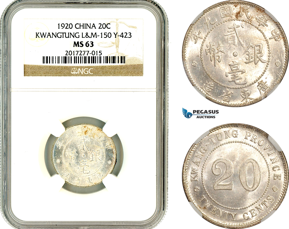 AL645, China, Kwangtung, 20 Cents Yr. 9 (1920) Silver, L&M-150, Y-423, NGC MS63