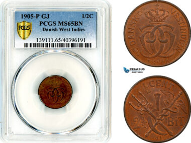 AL646, Danish West Indies, Christian IX, 2 1/2 Bit - 1/2 Cent 1905 P-GJ, Copenhagen Mint, PCGS MS65BN