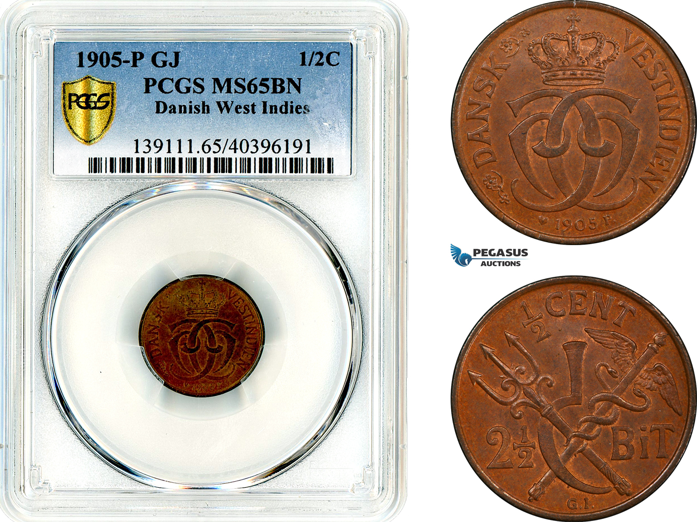 AL646, Danish West Indies, Christian IX, 2 1/2 Bit - 1/2 Cent 1905 P-GJ, Copenhagen Mint, PCGS MS65BN
