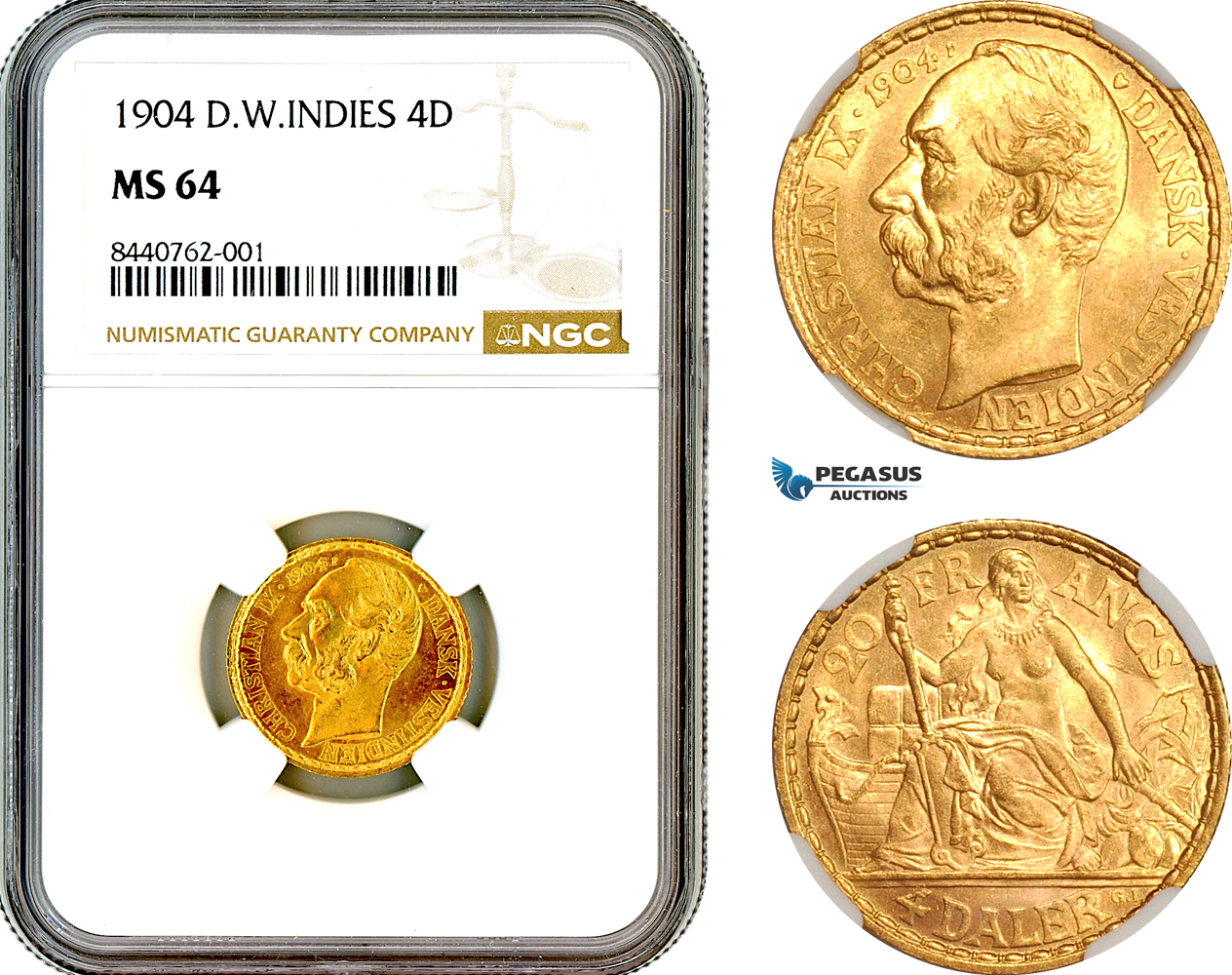AL647, Danish West Indies, Christian IX, 4 Daler - 20 Francs 1904, Copenhagen Mint, Gold, NGC MS64