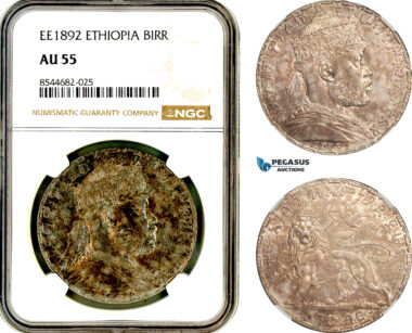 AL648, Ethiopia, Menelik II, 1 Birr EE1892 (1900), Paris Mint, Silver, NGC AU55