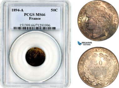 AL649, France, Third Republic, 50 Centimes 1894 A, Paris Mint, Silver, PCGS MS66