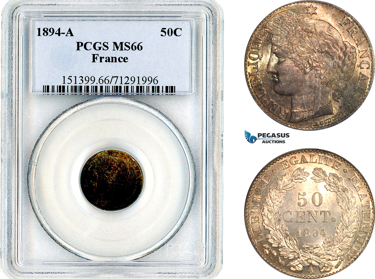 AL649, France, Third Republic, 50 Centimes 1894 A, Paris Mint, Silver, PCGS MS66