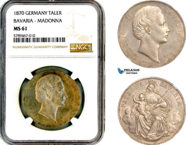 AL650, Germany, Bavaria, Ludwig II, "Madonnentaler" 1 Taler 1870, Munich Mint, , Silver, NGC MS61