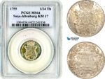 AL652, Germany, Saxe-Altenburg, Friedrich III, 1/24 Taler 1755, Silver, “Peace of Augsburg”, PCGS MS64