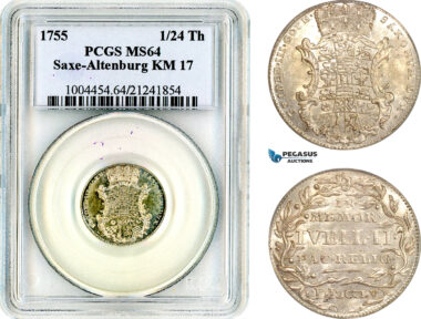 AL652, Germany, Saxe-Altenburg, Friedrich III, 1/24 Taler 1755, Silver, “Peace of Augsburg”, PCGS MS64