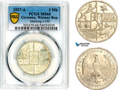 AL653, Germany, Weimar Republic, 3 Reichsmark 1927 A, Berlin Mint, Silver, “Philipps University”, PCGS MS66