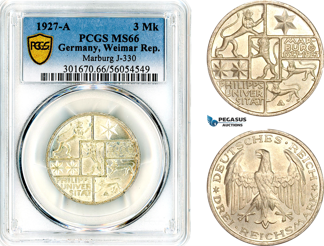 AL653, Germany, Weimar Republic, 3 Reichsmark 1927 A, Berlin Mint, Silver, “Philipps University”, PCGS MS66