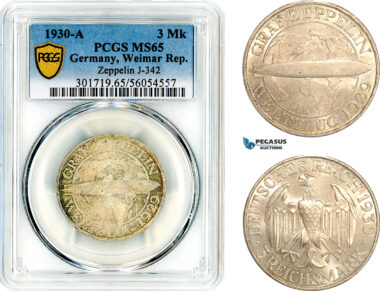 AL654, Germany, Weimar Republic, 3 Reichsmark 1930 A, Berlin Mint, Silver, “Graf Zeppelin", PCGS MS65