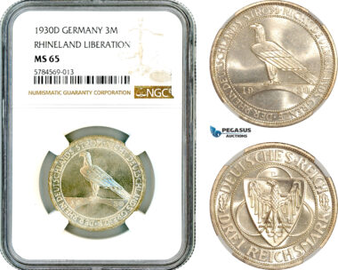 AL655, Germany, Weimar Republic, 3 Reichsmark 1930 D, Munich Mint, Silver, "Rhineland Liberation", NGC MS65