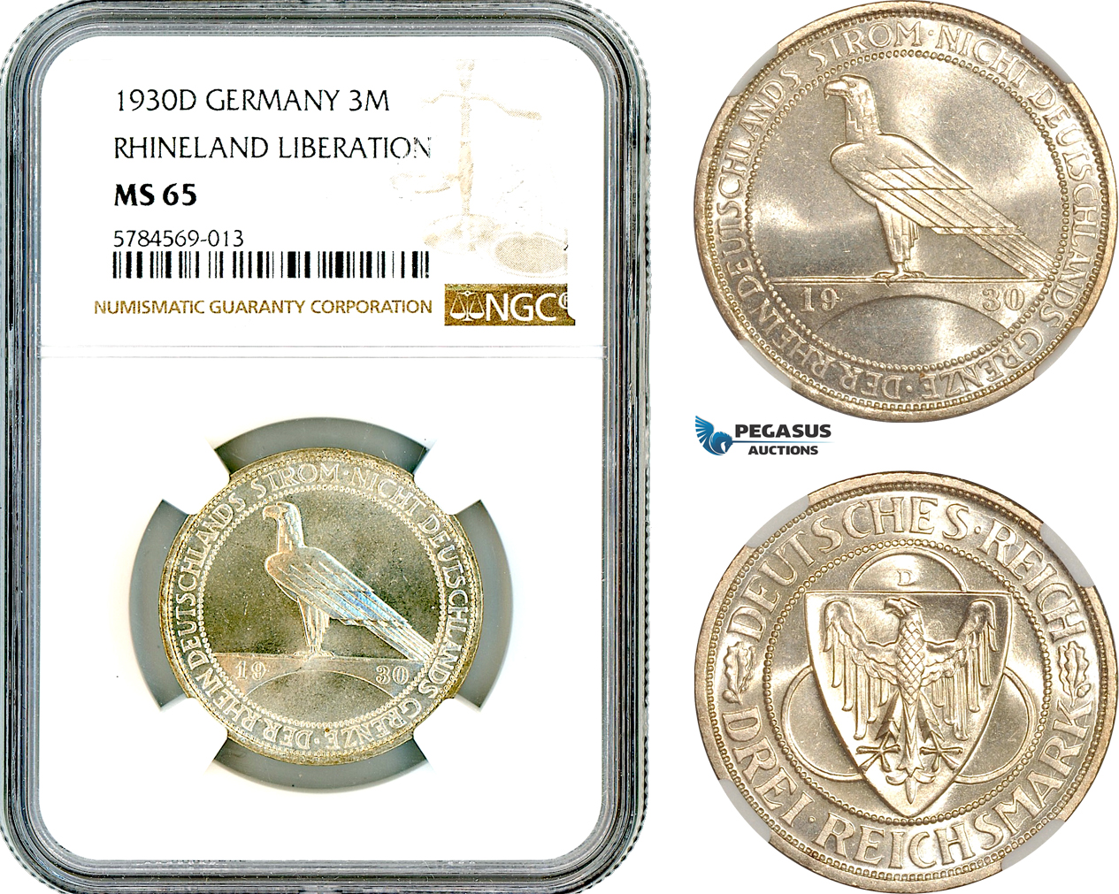 AL655, Germany, Weimar Republic, 3 Reichsmark 1930 D, Munich Mint, Silver, "Rhineland Liberation", NGC MS65