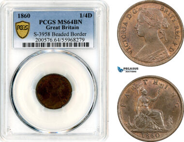 AL656, Great Britain, Victoria, Farthing (1/4 Penny) 1860, London Mint, “Beaded border", PCGS MS64BN