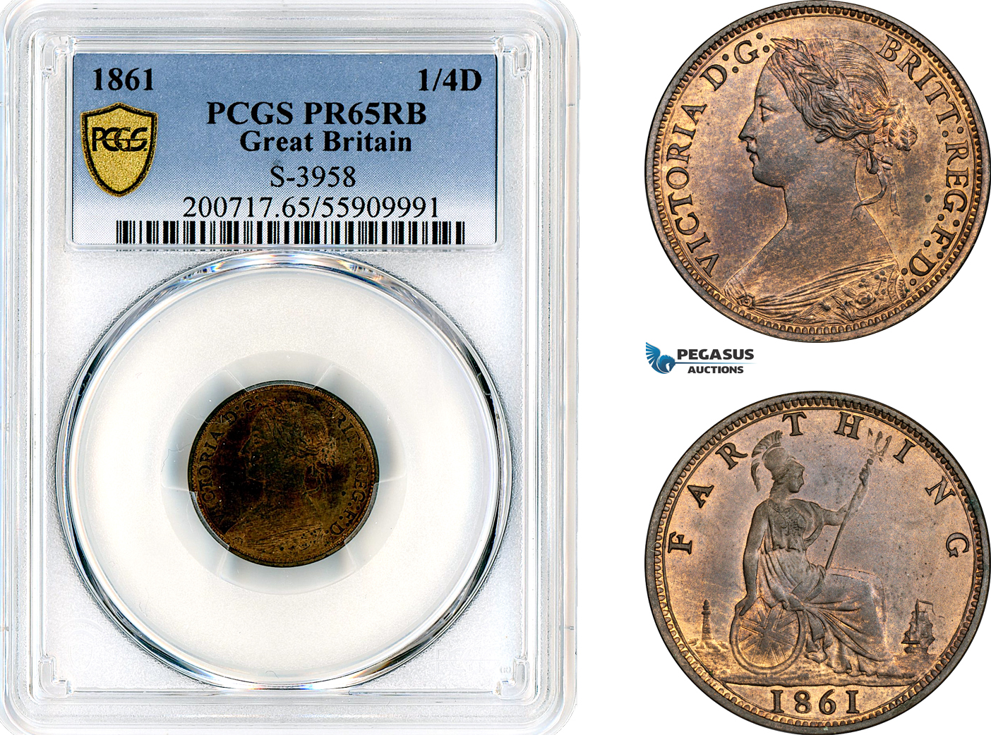 AL657, Great Britain, Victoria, Farthing (1/4 Penny) 1861, London Mint, PCGS PR65RB, Rare!