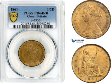 AL658, Great Britain, Victoria, 1/2 Penny 1861, London Mint, PCGS PR64RB, Rare!