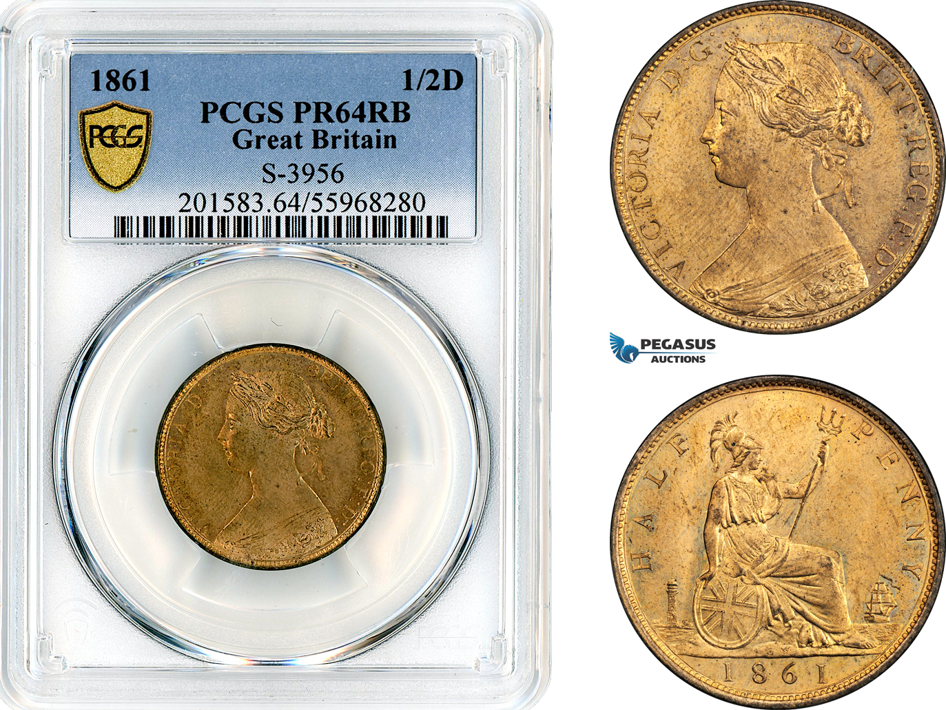 AL658, Great Britain, Victoria, 1/2 Penny 1861, London Mint, PCGS PR64RB, Rare!