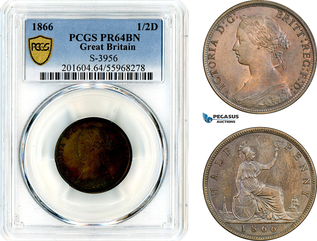 AL659, Great Britain, Victoria, 1/2 Penny 1866, London Mint, PCGS PR64BN, Top Pop & Single Finest!