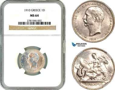 AL660, Greece, George I, 1 Drachma 1910, Paris Mint, Silver, NGC MS64