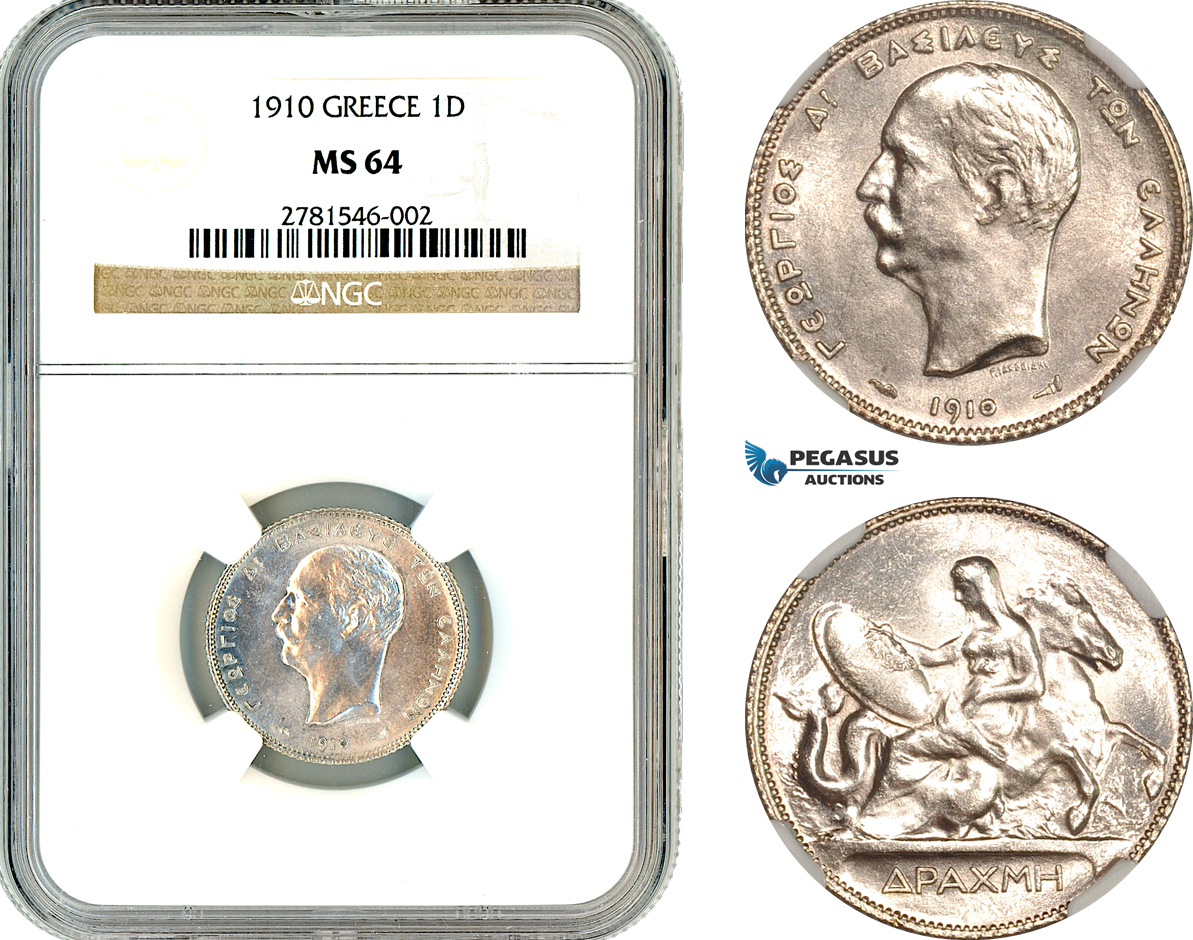 AL660, Greece, George I, 1 Drachma 1910, Paris Mint, Silver, NGC MS64