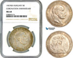 AL661, Hungary, Franz Joseph, 5 Korona 1907 KB, Kremnitz Mint, Silver, “Coronation Anniversary", NGC MS64