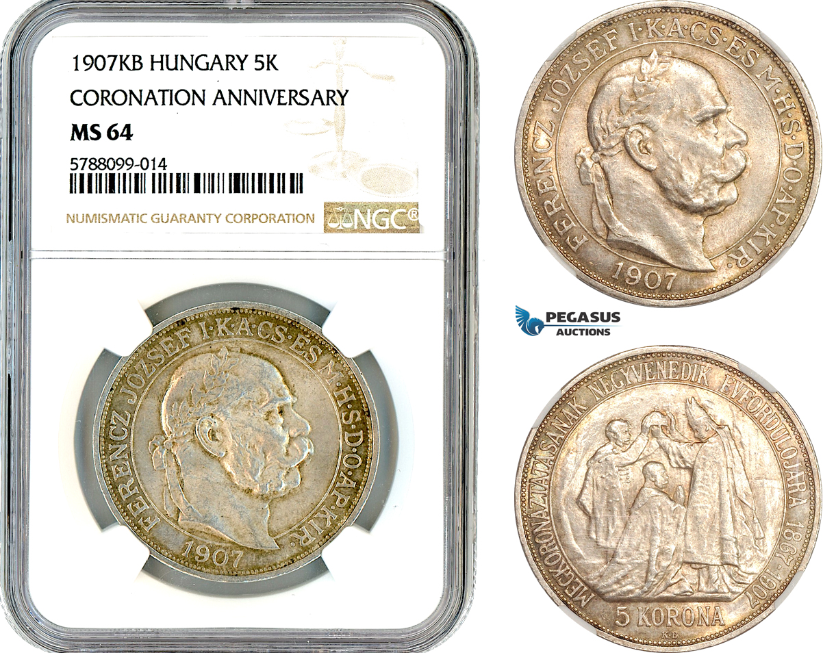 AL661, Hungary, Franz Joseph, 5 Korona 1907 KB, Kremnitz Mint, Silver, “Coronation Anniversary", NGC MS64