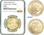 AL662, Hungary, Franz Joseph, Restrike 5 Korona 1907 KB, Kremnitz Mint, Silver, “Coronation Anniversary", NGC PF68