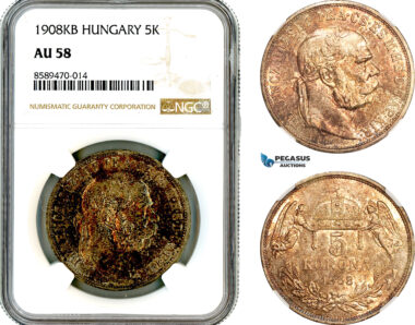 AL663, Hungary, Franz Joseph, 5 Korona 1908 KB, Kremnitz Mint, Silver, NGC AU58